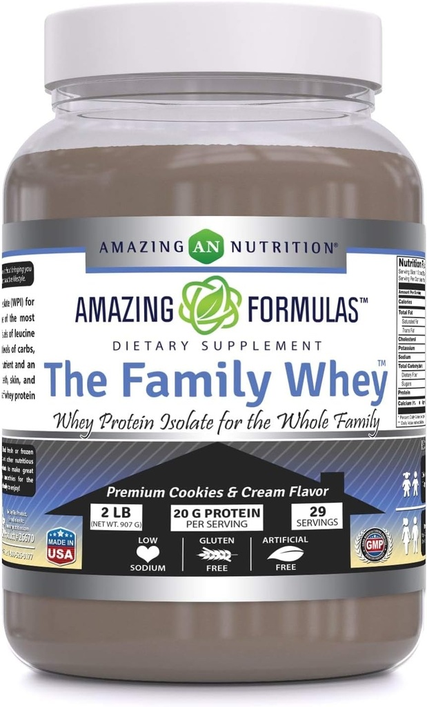Amazing Formulas The Family Whey Protein (Isolate) Powder for The Whole Family - 2 lbs - mest komplet & Pure Form of Protein - Gluten Free (Cookie & Cream)