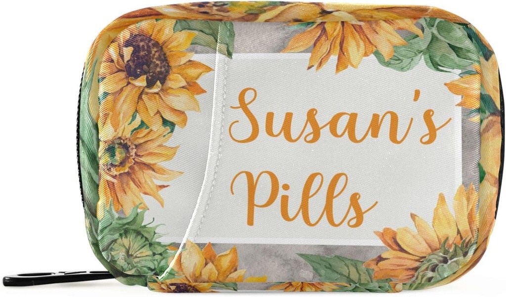 Custom Pill Box 7 Dag Pill Case Bag Solsikke Personaliseret Navn Rejsepille Organizer Bag med lynlås Portable ugentlige sag Kompakt størrelse for Vitamin Supplement Holder