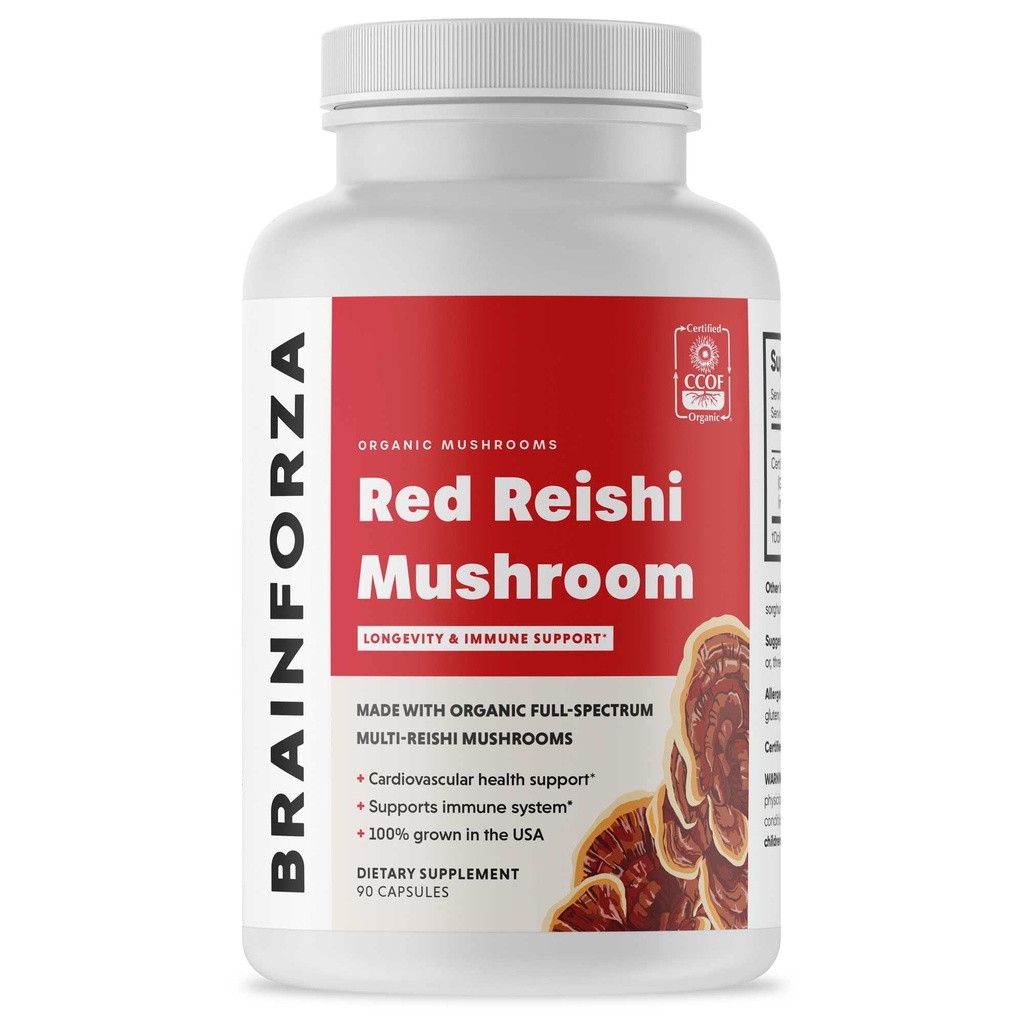 Brain Forza Organic Red Reishi Mushroom Kapsler, Adaptogen Mushroom drevet immunforsvar, hjerte og kardiovaskulær sundhed, General Wellness and Vitality, Non- GMO, Vegan, Organic, 90 Kapsler