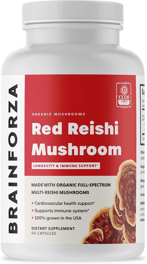 Brain Forza Organic Red Reishi Mushroom Kapsler, Adaptogen Mushroom drevet immunforsvar, hjerte og kardiovaskulær sundhed, General Wellness and Vitality, Non- GMO, Vegan, Organic, 90 Kapsler