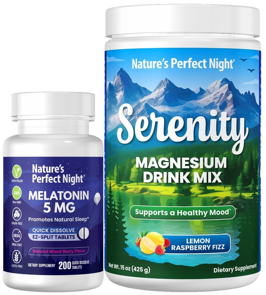 Naturens perfekte nat Melatonin 5mg hurtig opløsning blandet berry 200 greve med Serenity Magnesium Pulver 15 oz Lemon Hindbær