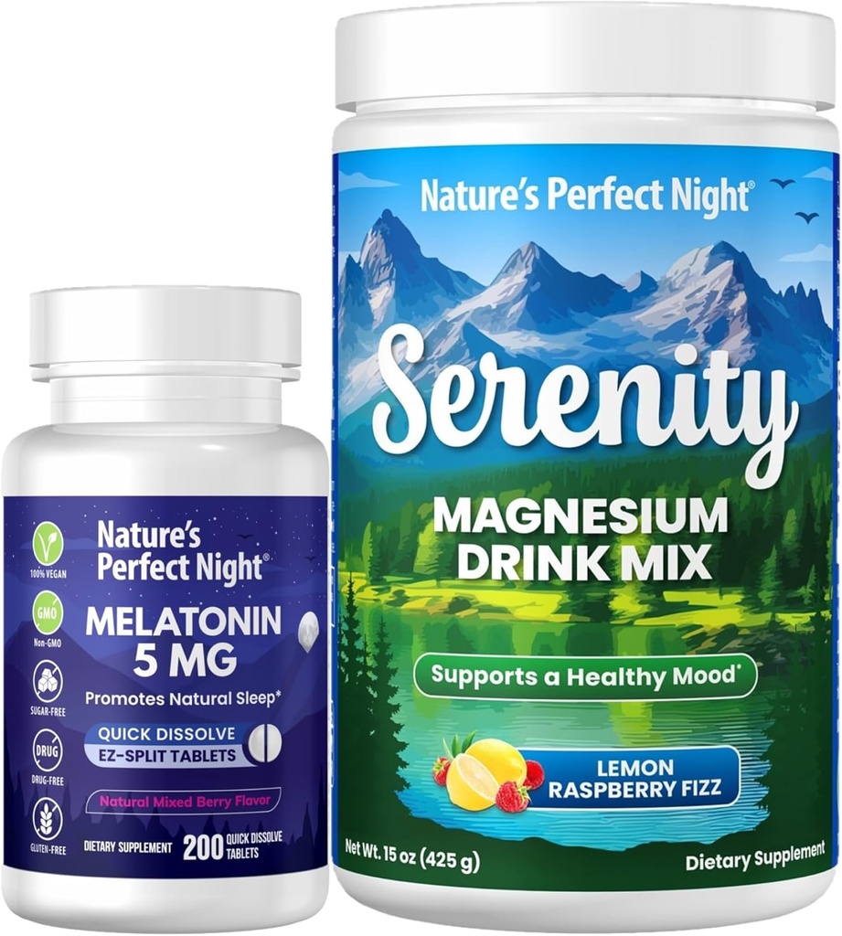 Naturens perfekte nat Melatonin 5mg hurtig opløsning blandet berry 200 greve med Serenity Magnesium Pulver 15 oz Lemon Hindbær