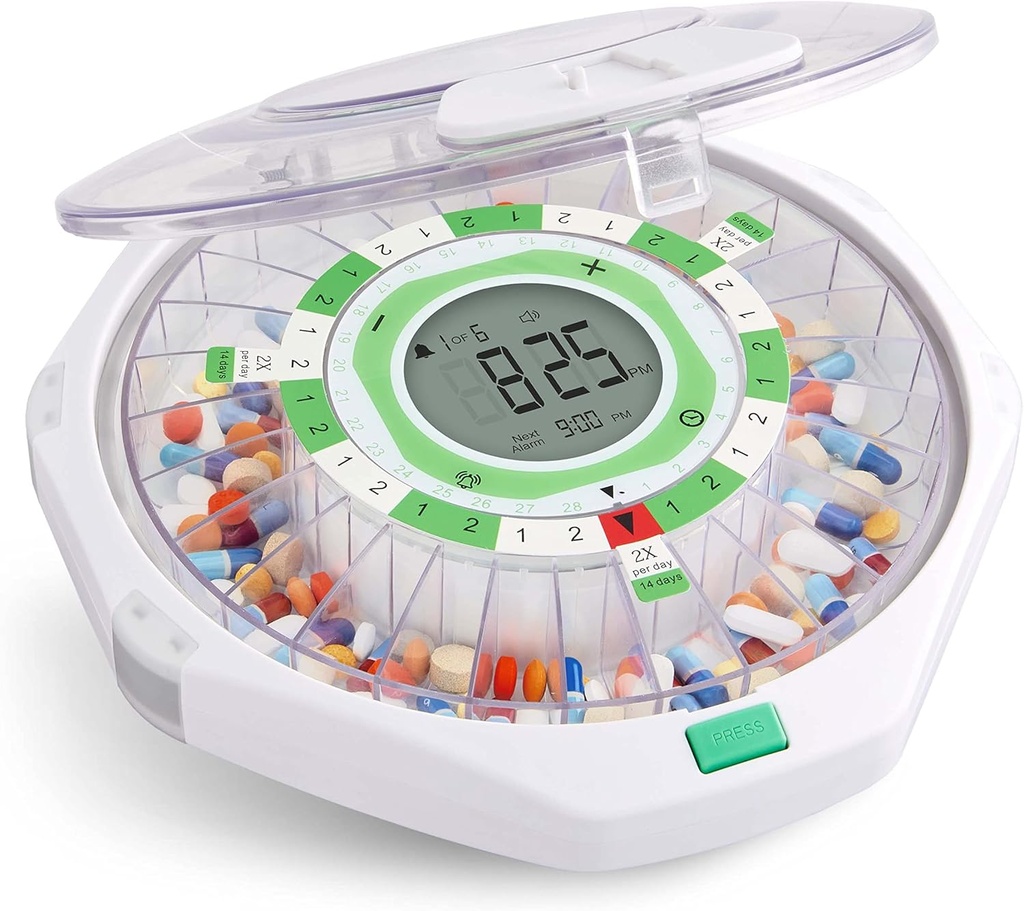 Live Fine 28-Day Automatic Pill Dispenser Frosted Lid med opgraderet LCD-skærm og nøgle lås, lyd & lys til receptioner, medicin, vitaminer, kosttilskud og mere