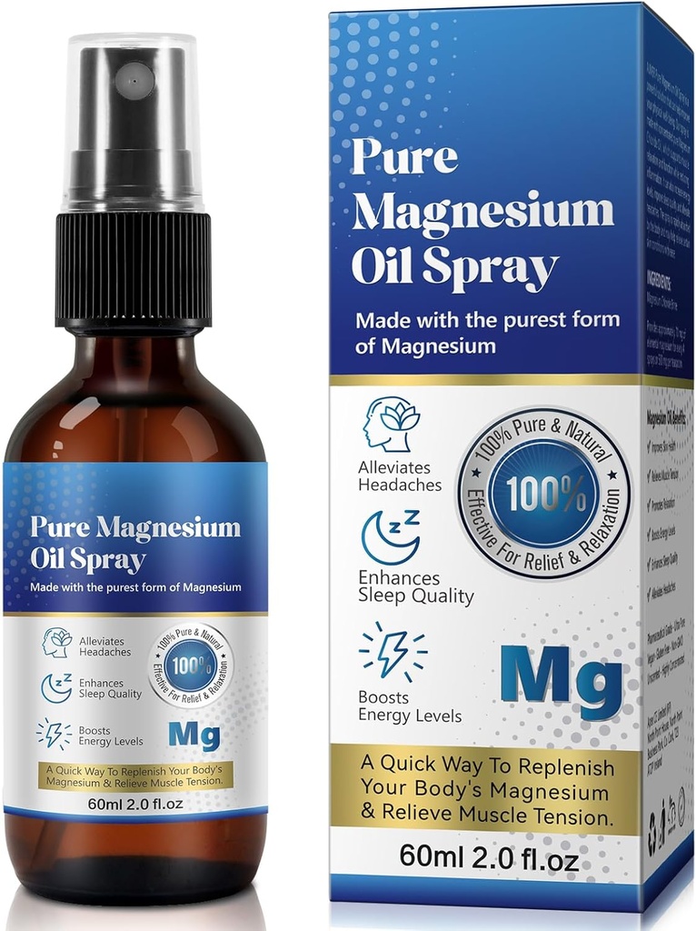 Pure topic Magnesium Oil Spray, Magnesium Spray til Feet, 100%, Quick Absorption - Natural Source med kraftfuld blanding af essentielle olier, Replenish Body- 2.02 fl oz