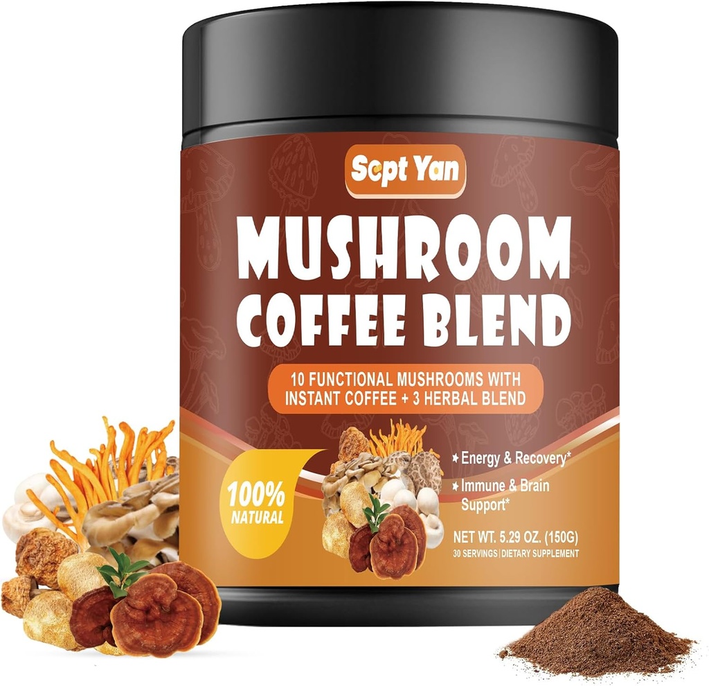 Mushroom kaffe med 10 svampe, colombianske Instant Coffee Powder med Lions Mane, Reishi, Chaga, Cordyceps, Shiitake, Maitake, Tyrkiet Tail - Mushroom supplement til energi, fokus, immunforsvar