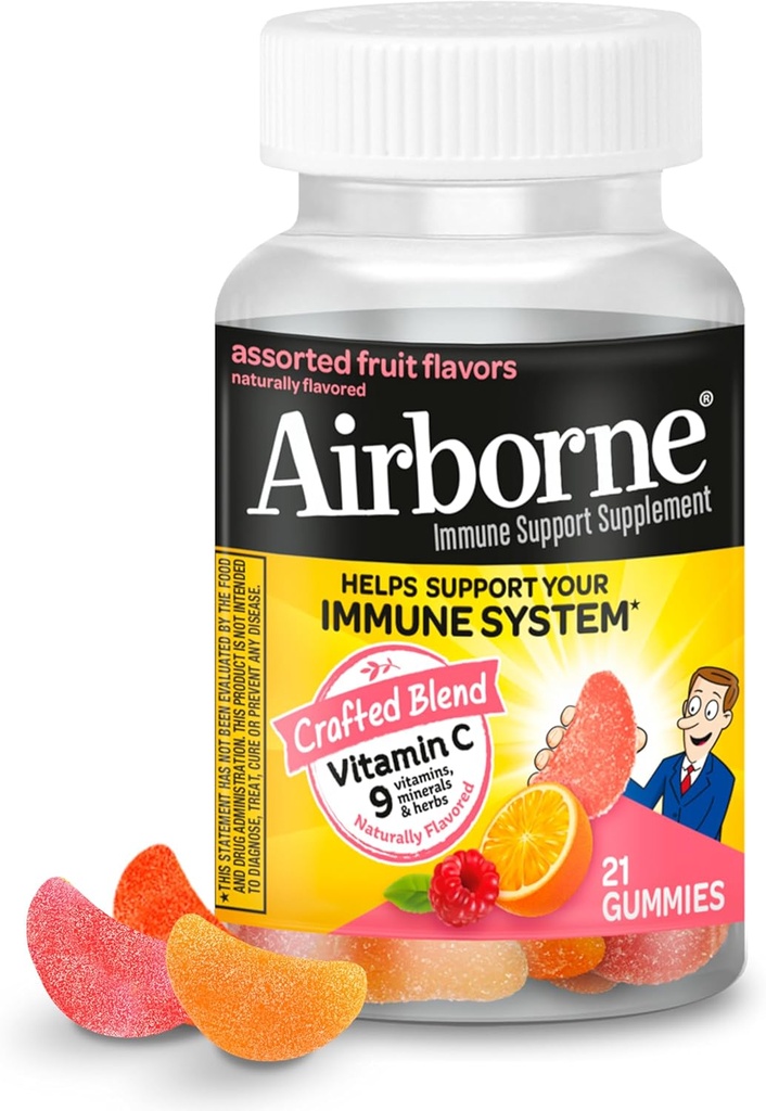 Airborne 750mg C-vitamin Gummies Til voksne, immunsupport supplement med stærke antioxidanter Vitamin A C & E - 21 Gummies, Assorterede frugtsmag
