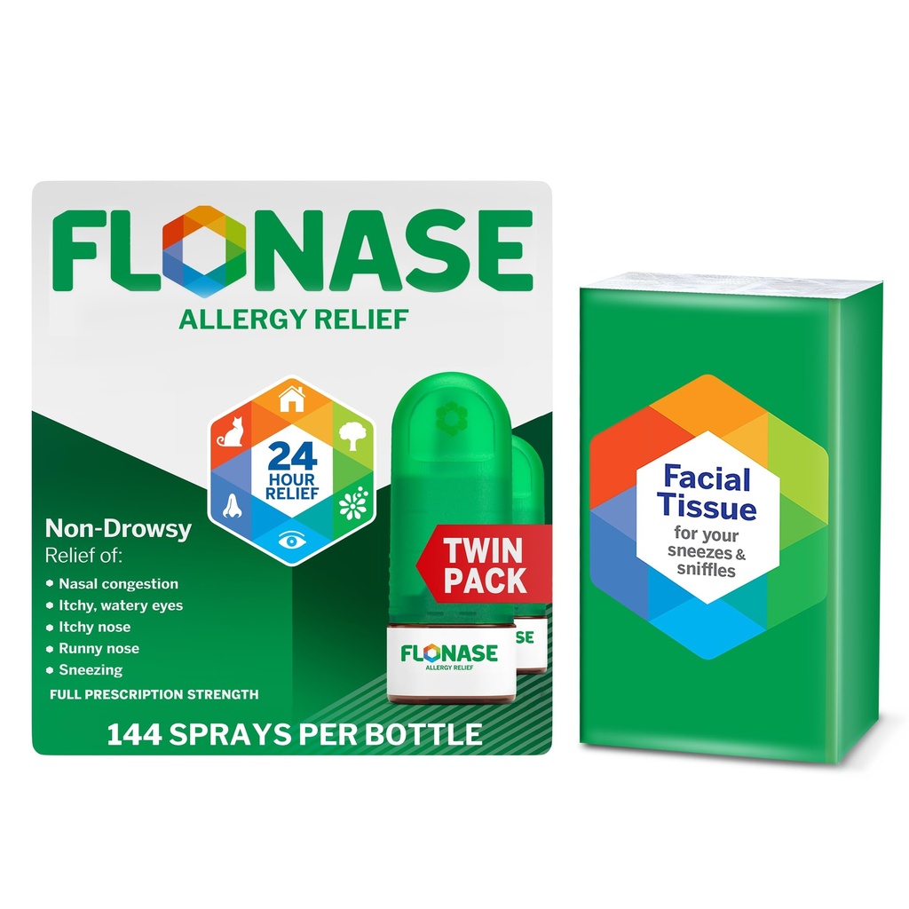 Flonase Allergi Relief Nasal Spray, 24-timers Non- Drowsy Multi- symptom Relief - 144 sprays (pakke med 2) plus Bonus Pack af væv