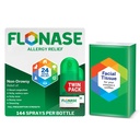 Flonase Allergi Relief Nasal Spray, 24-timers Non- Drowsy Multi- symptom Relief - 144 sprays (pakke med 2) plus Bonus Pack af væv