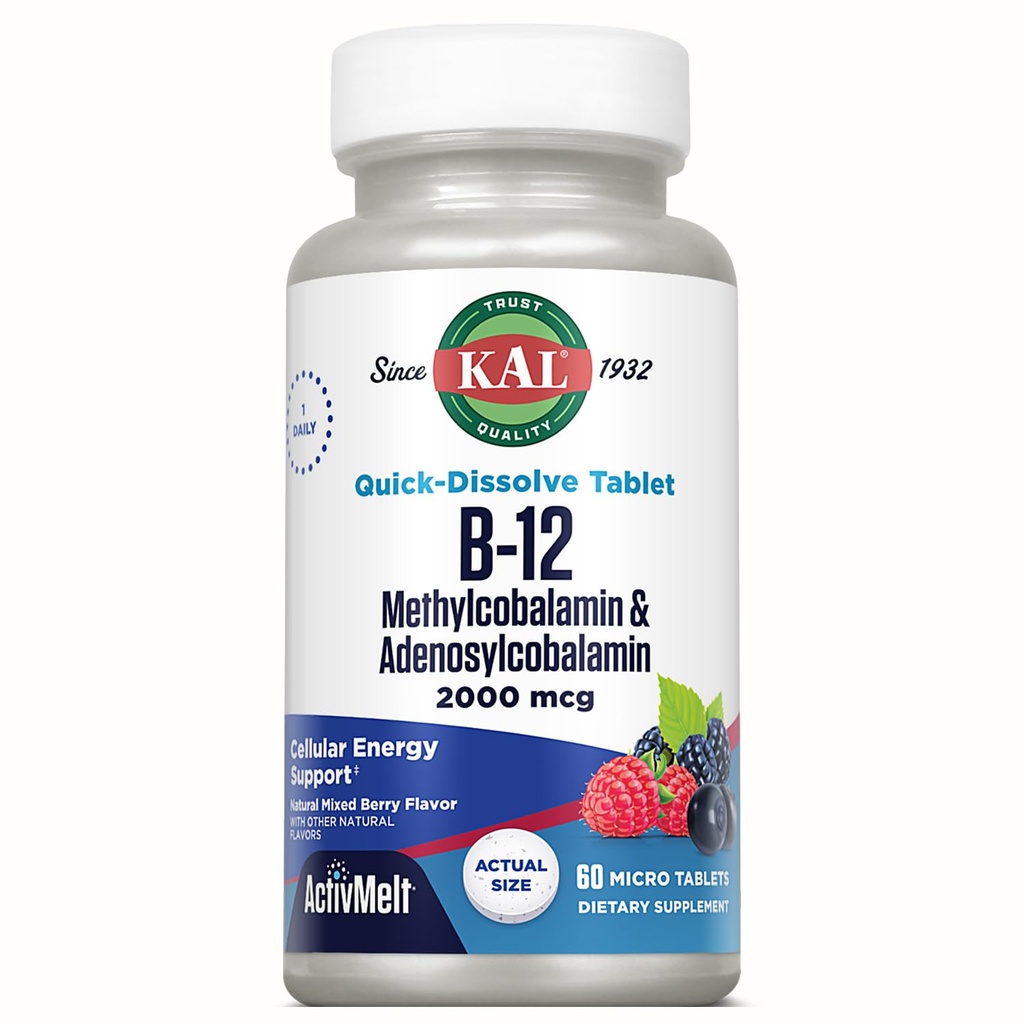 KAL vitamin B12 Methylcobalamin og Adenosylcobalamin 2000 mcg ActivMelt, B12 Energitilskud, Metabolisme, Nerve, Red Blood Cell Support, High Absorption, Natural Berry, 60 Serv, 60 Micro Tablets
