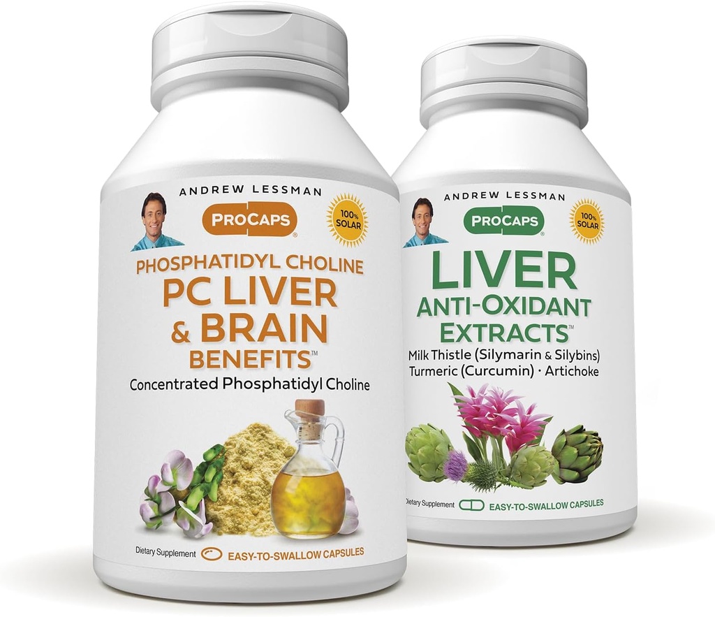 ANDREW LESSMAN PC Lever og hjerne fordele + lever Antioxidant Ekstrakter Kit: 300 kapsler (180 + 120) - Phosphatidylcholin, Milk Thistle, Artichoke, Curcumin.