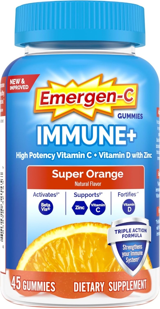 Emergen- C immun + Triple Action Immunsupport Gummies, BetaVia (R), 1000mg C-vitamin, B-vitaminer, D-vitamin og antioxidanter, Super Orange - 45 Greve