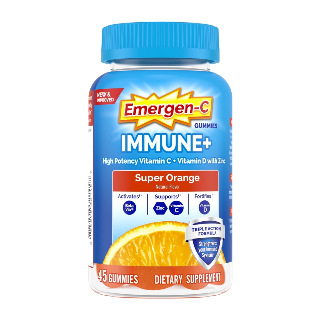 Emergen- C immun + Triple Action Immunsupport Gummies, BetaVia (R), 1000mg C-vitamin, B-vitaminer, D-vitamin og antioxidanter, Super Orange - 45 Greve