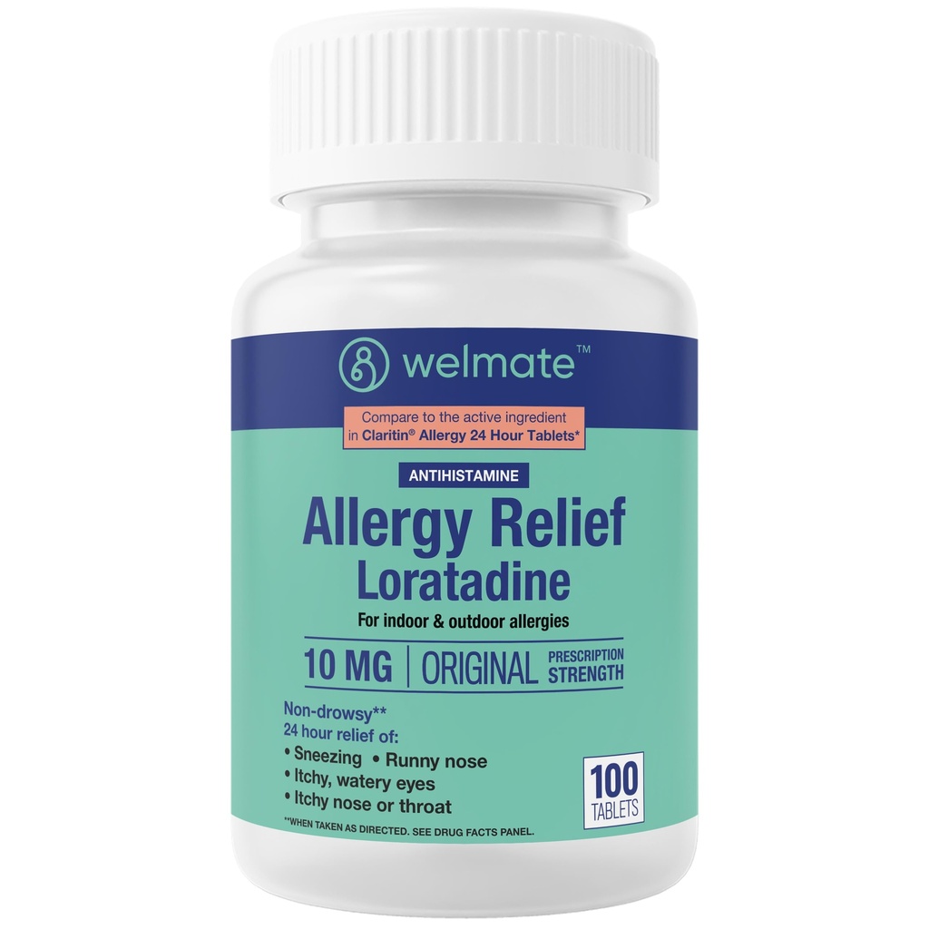 WELMATE - Allergi Relief - Loratadine 10 mg - 24 timers Relief Antihistamin - Non Drowsy - Runny Næse - Nysen - Itchy Næse & Halsen - Watery Eyes - Indendørs og udendørs Allergi Medicin - 100 Greve