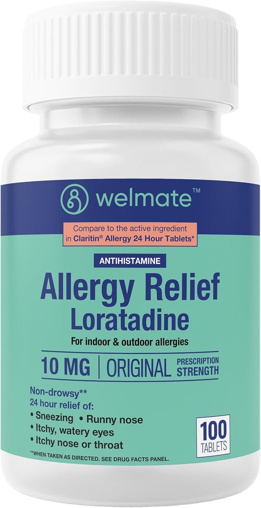WELMATE - Allergi Relief - Loratadine 10 mg - 24 timers Relief Antihistamin - Non Drowsy - Runny Næse - Nysen - Itchy Næse & Halsen - Watery Eyes - Indendørs og udendørs Allergi Medicin - 100 Greve