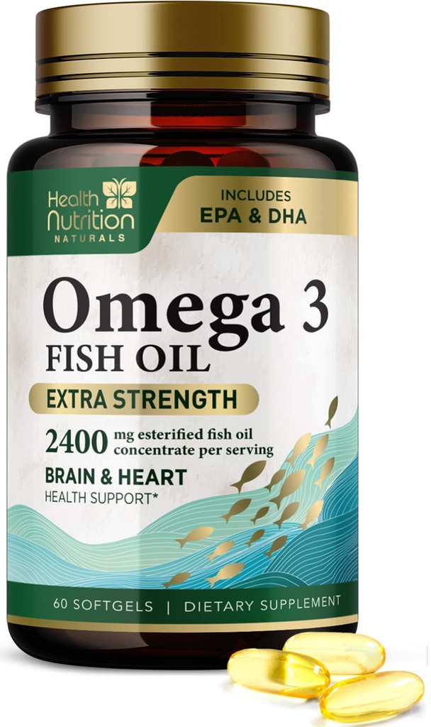 Omega 3 Fish Oil 2400 mg - Triple Strength Omega-3 Supplements - Natural Brain Heart Health & immunsupport - Fedtsyrer med EPA & DHA - Wild Caught Renset Fish Oil Supplement - 60 Softgels