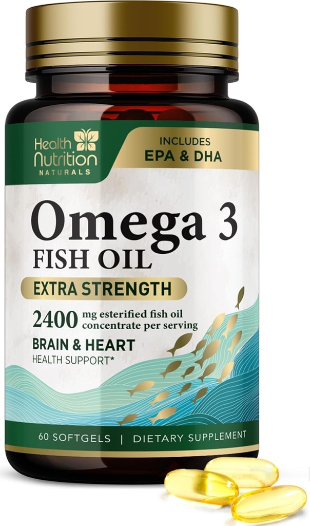 Omega 3 Fish Oil 2400 mg - Triple Strength Omega-3 Supplements - Natural Brain Heart Health & immunsupport - Fedtsyrer med EPA & DHA - Wild Caught Renset Fish Oil Supplement - 60 Softgels