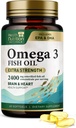 Omega 3 Fish Oil 2400 mg - Triple Strength Omega-3 Supplements - Natural Brain Heart Health & immunsupport - Fedtsyrer med EPA & DHA - Wild Caught Renset Fish Oil Supplement - 60 Softgels