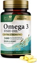 Omega 3 Fish Oil 2400 mg - Triple Strength Omega-3 Supplements - Natural Brain Heart Health & immunsupport - Fedtsyrer med EPA & DHA - Wild Caught Renset Fish Oil Supplement - 60 Softgels