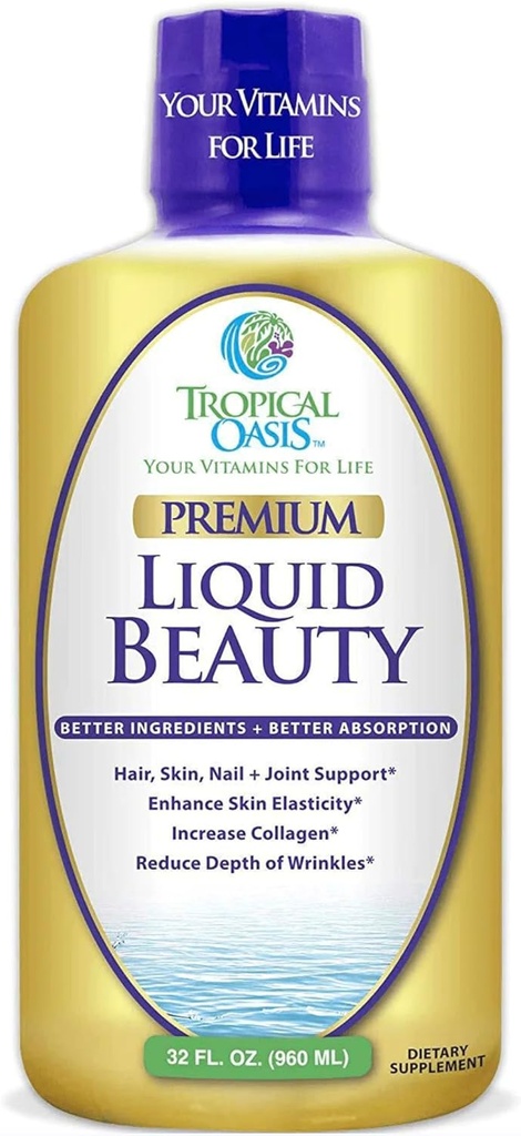 Tropical Oasis - flydende skønhedsplet 124; supplement til hår, hud, og neglevækst - Biotin + hydrolyseret collagen (32 Servere)