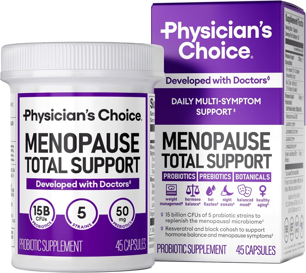 Lægens CHOICE Menopause Probiotiske supplement til kvinder - understøtter Hormonbalance, Hot Flashs, Night Sweats, Weight Management, Bloating & Gut Health - med Black Cohosh, Resveratrol + - 45ct