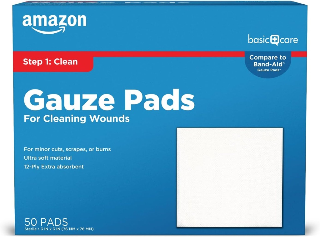 Grundlæggende pleje Gauze Pads, 3x3 inches Sterile Medical Wound Dressing Sponges for Rengøring, Dækning, & Cushioning Cuts & Mindre Skader, 50 Greve (Pack of 1), (Tidligere All Health)