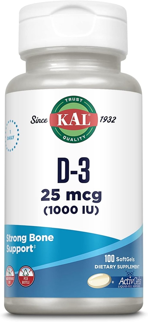 KAL vitamin D3 1000 IE Softgels (25 mcg), Aktiv form af vitamin D, Calcium Absorption, Knoglesundhed, immunsupport, flydende fyldt ActivGel, Made without Soy, 100 Servere, 100 Softgels