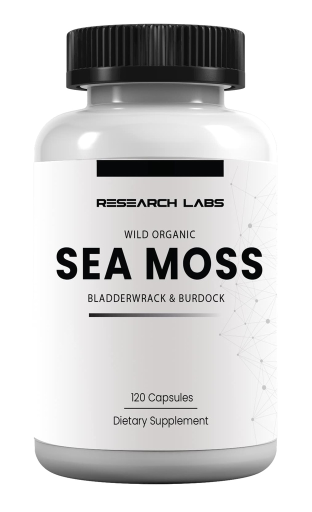 Forskning Labs 1 Fer 1 Ad Organic Irish Sea Moss Kapsler, Raw Wildcrafted Seamoss Forbedret w / Bladderwrack & Burdock Root 120 Total Pills Antioxidant Powerhouse. Thyreoideastøtte.