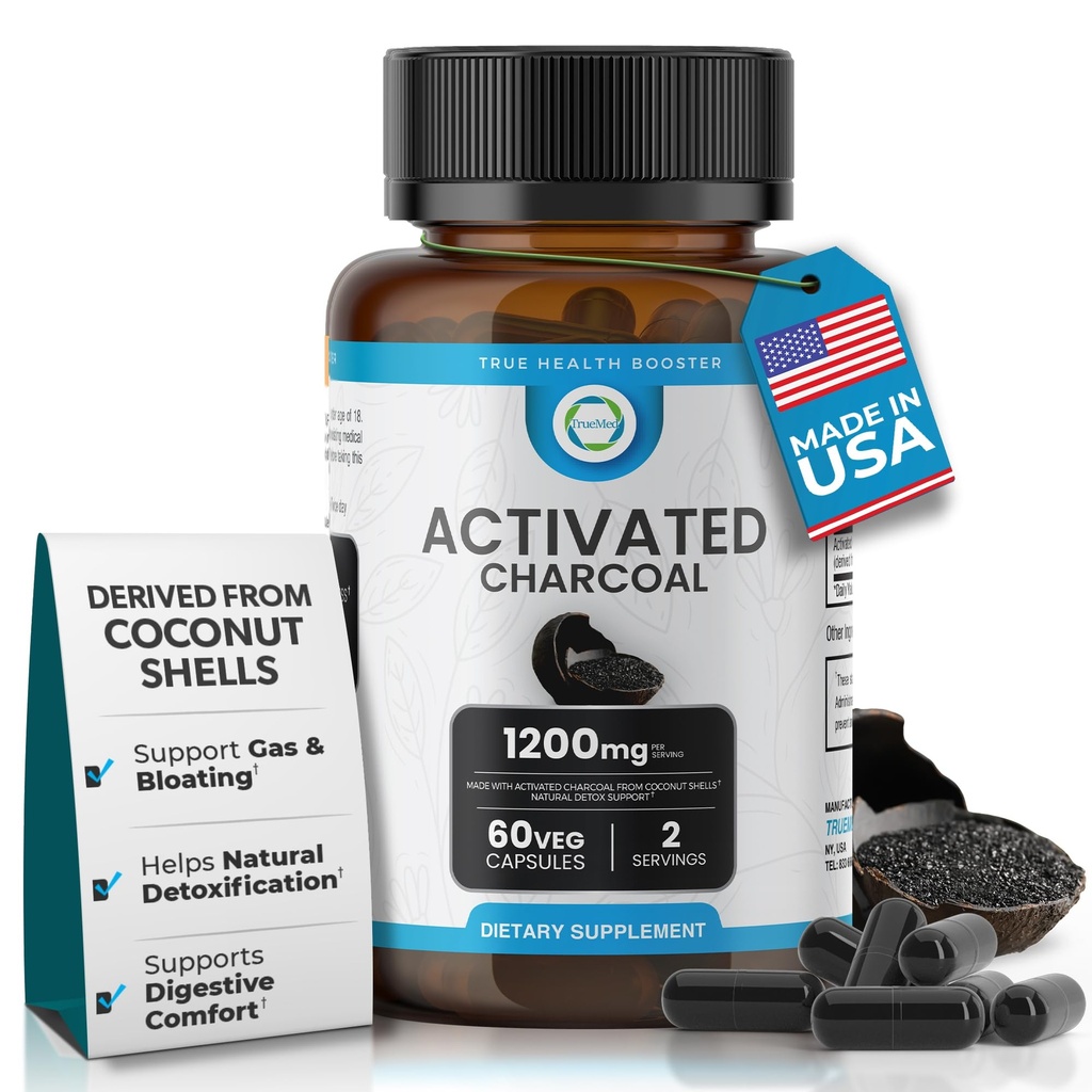 Aktiveret kul kapsler 1200 MG, 60 Veg Caps, 30- dages Premium Detox & fordøjelsesstøtte, Gas & Bloating Relief, Organic Coconut Shell Charcoal, Gut Health, USA Made.