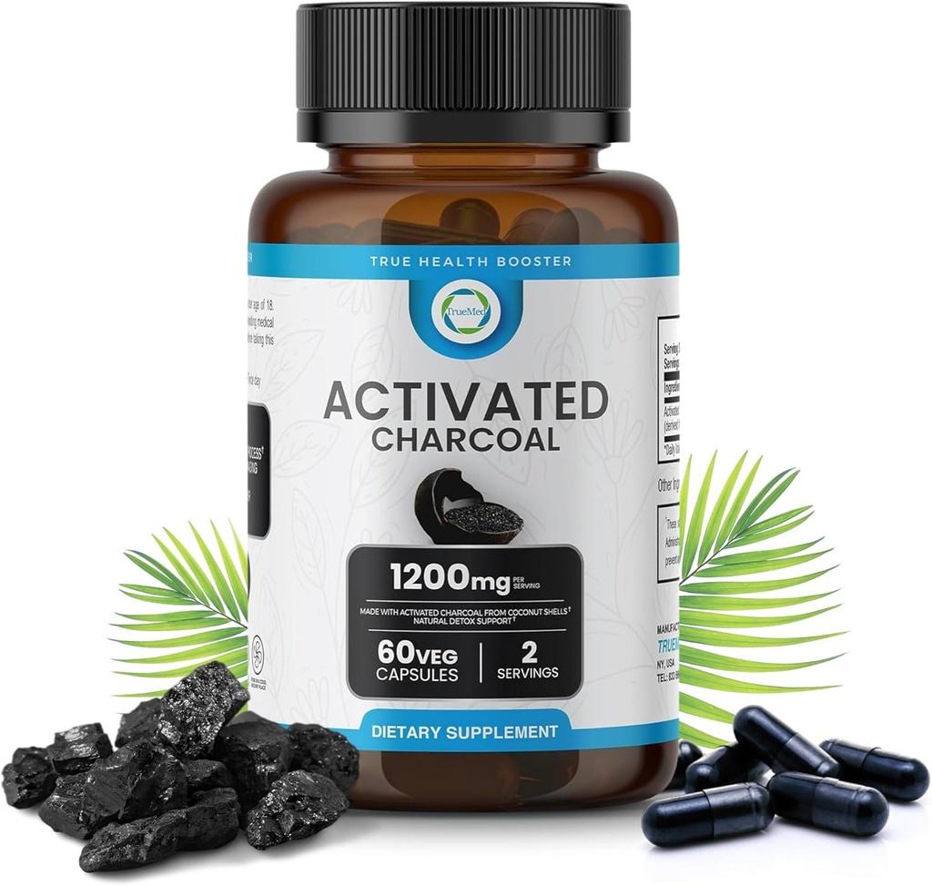 Aktiveret kul kapsler 1200 MG, 60 Veg Caps, 30- dages Premium Detox & fordøjelsesstøtte, Gas & Bloating Relief, Organic Coconut Shell Charcoal, Gut Health, USA Made.