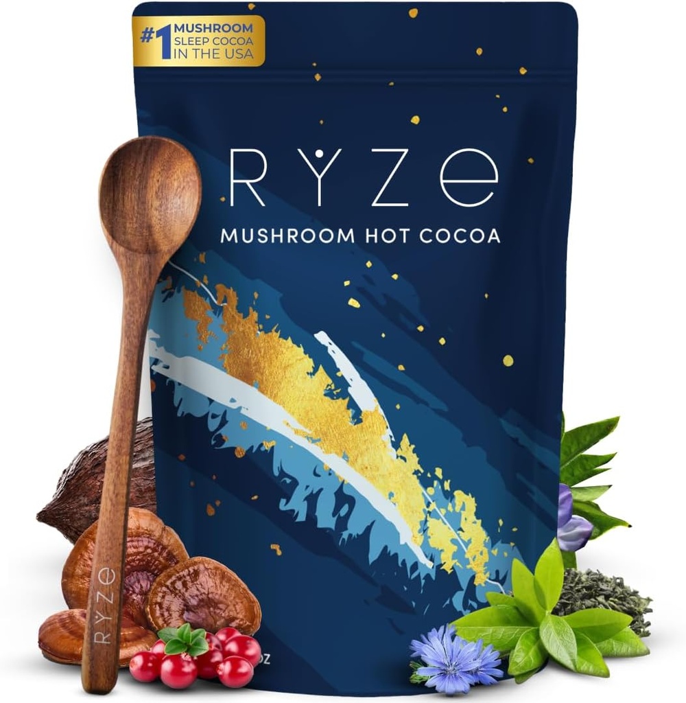RYZE SUPERFOODS Mushroom Hot Cocoa Melatonin Sleep Supplement, Keto Cocoa Pulver med Reishi Mushroom, Melatonin, Glycin, Cacao, L- Theanine, Chicory til at hjælpe falde søvn og ophold søvn, 20 Servere