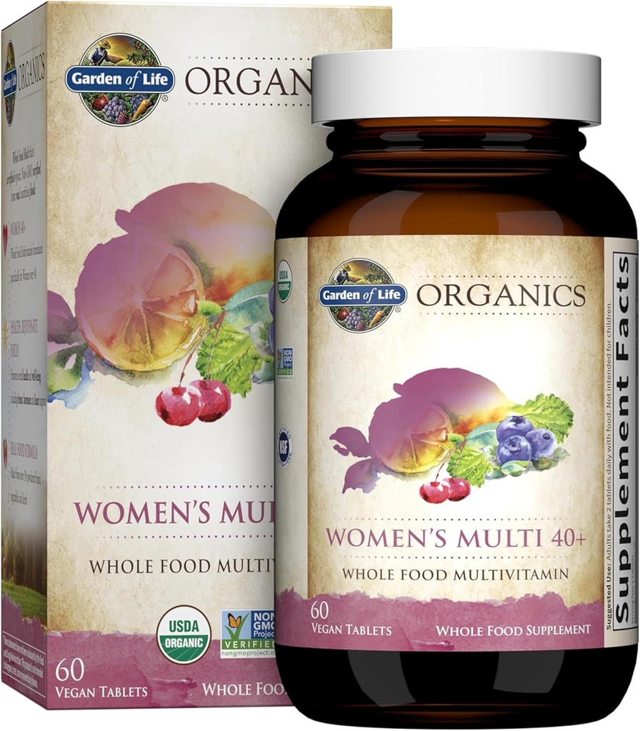 Garden of Life Organics Vitamins for Women 40+ - 60 Tablets, Womens Multi 40+, Vegan Vitamins for Women Over 40, Hormone & Breast Health Support Blend, Whole Food Womens Multivitamin