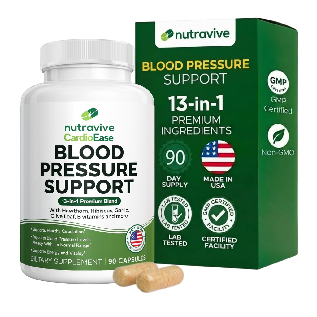 Nutravive Blood Pressure Support - Natural Heart & Circulation Support med Hawthorn, Hvidløg, Olive Leaf, Hibiscus & B12 - USA Made, GMP Facility - 90 Kapsler