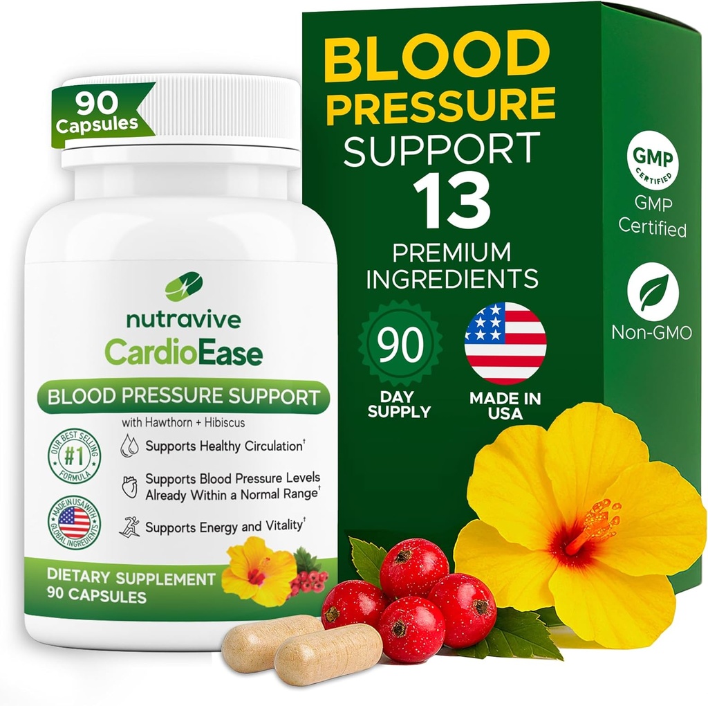 Nutravive Blood Pressure Support - Natural Heart & Circulation Support med Hawthorn, Hvidløg, Olive Leaf, Hibiscus & B12 - USA Made, GMP Facility - 90 Kapsler