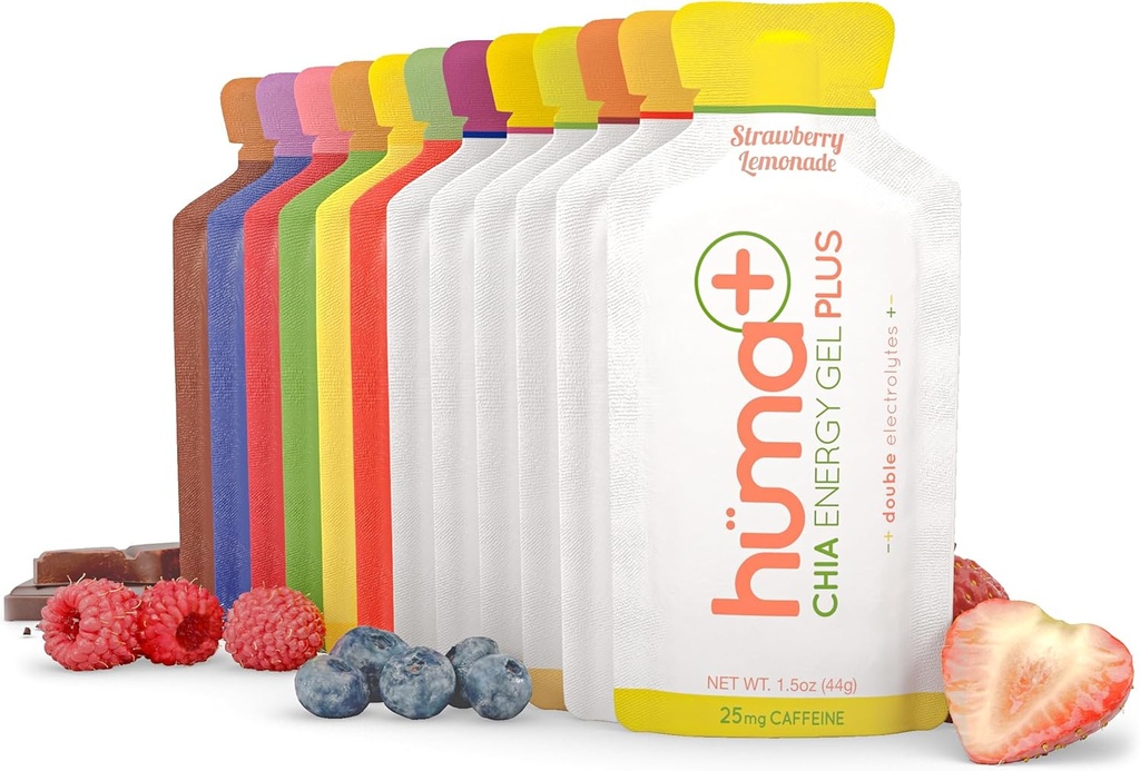 Huma Plus (Double Electrolytes) - Chia Energy Gel, Variety Pack - Mave Friendly, Real Food Energy Gels (12 Original og 12 Plus Gels)