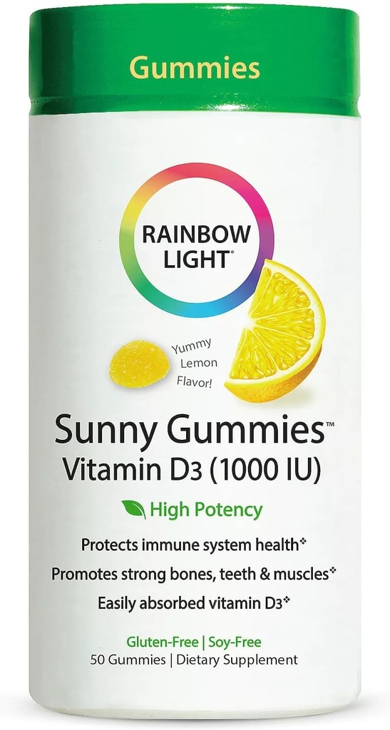 Rainbow Light - Sunny Gummies Vitamin D3 1000 IE, Støtte til sunde knogler, muskler, og immunitet i en familiær-venlige Chewable med vitamin D3, Soy- Free, Gluten- Free, Sour Lemon, 50 Gummy Drops