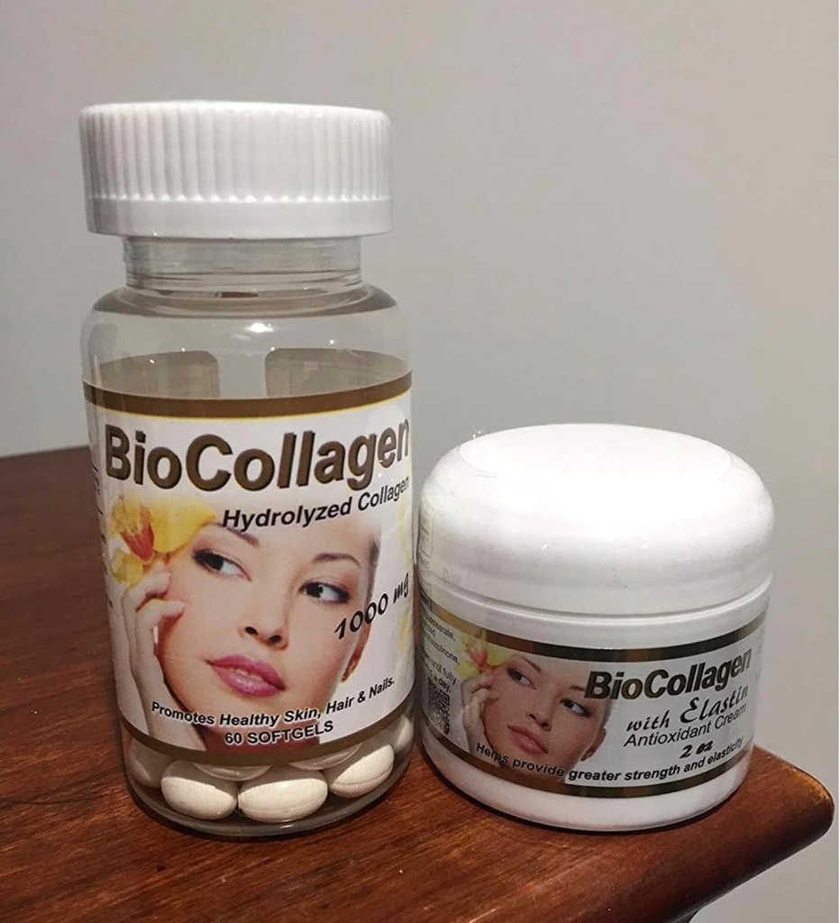 Sæt Bio Collagen Hydrolyzed Collagen softgel (1000 mg) & BioCollagen med Elastin Antioxidant Cream 2 oz (fremmer sund hud hår og negle). Pakning 2 fløde og kapsler