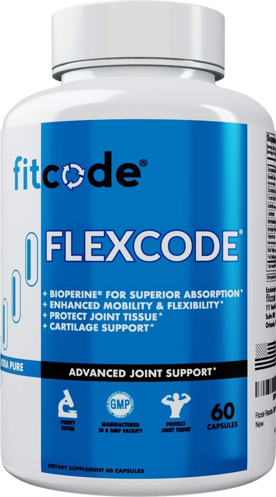 fitcode Flexcode Ultra Premium Fælles Support, Glucosamin, Gurkemeje, MSM, Chondroitin, Hyaluronsyre, Gluten- Free, for Mænd og Kvinder (30 Servere)