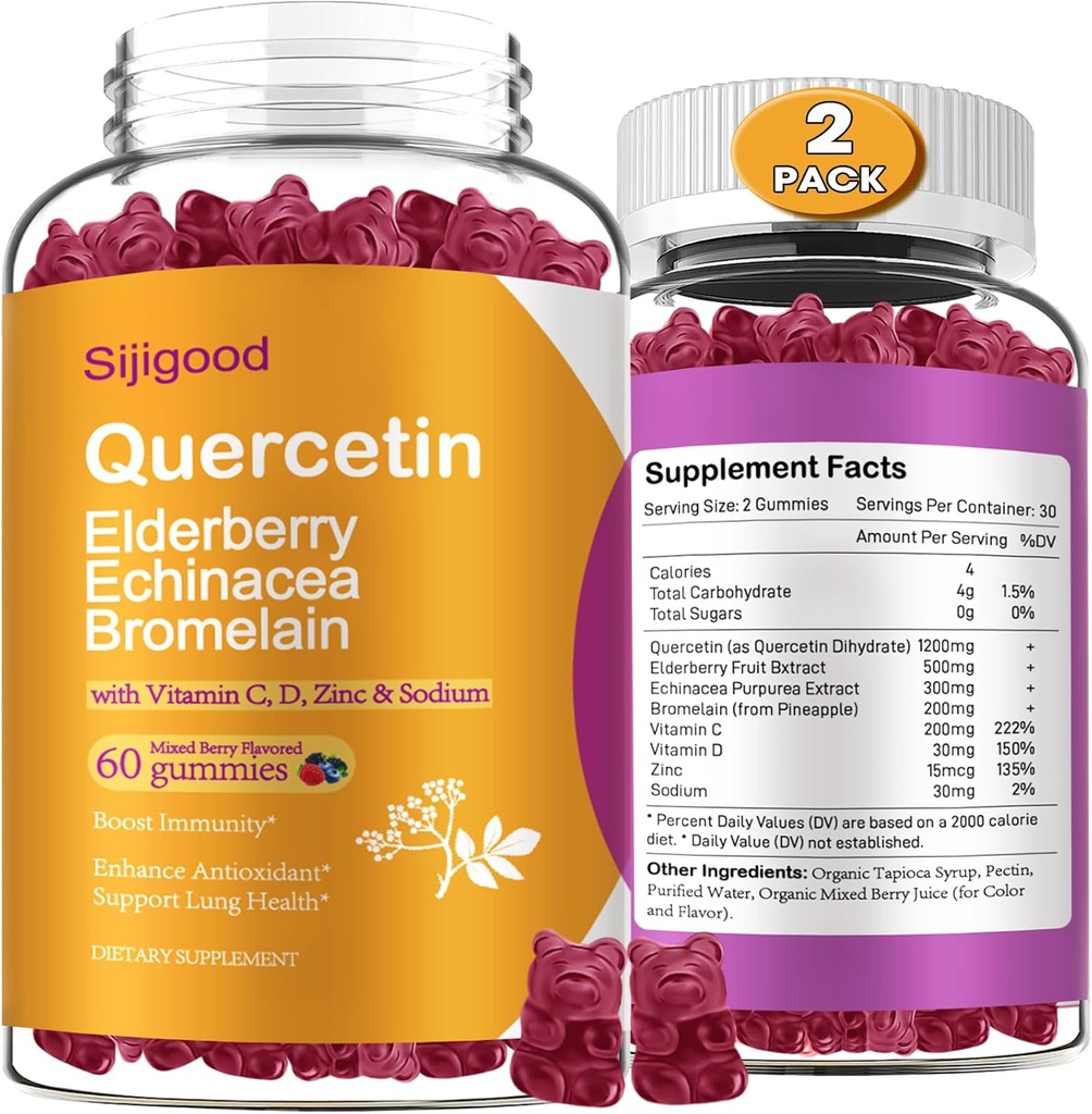 2 Pakker Quercetin med bromelain Gummies, Elderberry, Echinacea, Vitamin C D Zink - immunsystem Support 120 Tæller Pure Quercetin Kosttilskud Gummies til børn og voksne