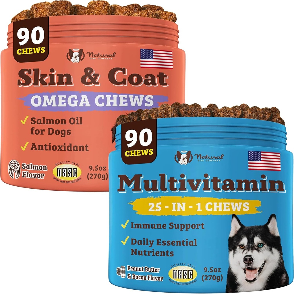 Natural Dog Company Multivitamin Supplement Chews + Skin & Coat Supplement Chews for Hunde - Omfattende Nutritional Care for Sund Hud, Shiny Coat, fælles støtte, og immunsystemet Boost