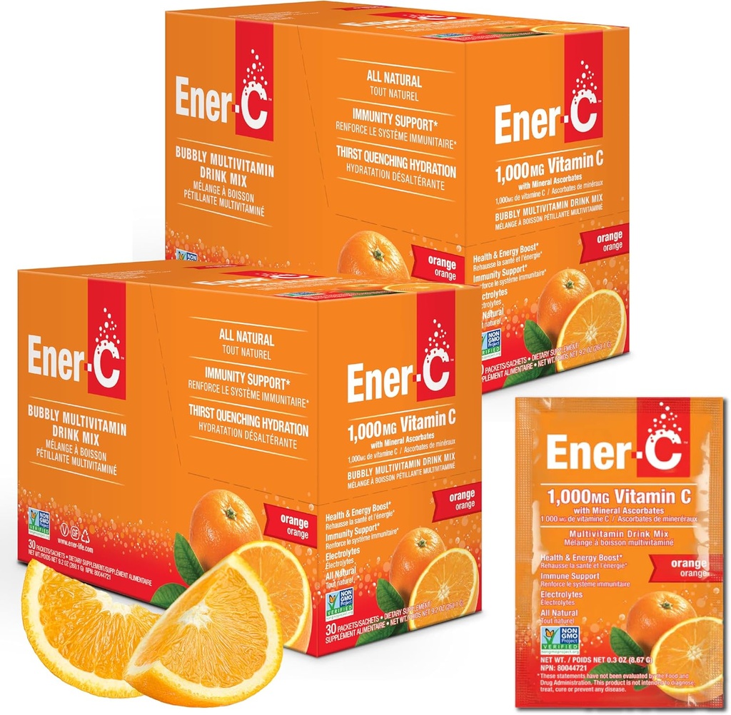 Energi- C - C-vitamin immunstøtte, 1000mg C-vitamin Effervescent Multivitamin Drink Powder, Fruit Juice C-vitamin Drink Mix til hydrering med elektrolyter, Orange, 60 Pakninger (2-Pack)