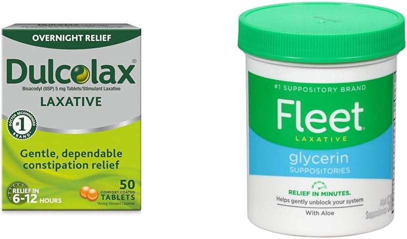 Dulcolax Overnatning Relief Laxative for Gentle Constipation Relief, Bisacodyl 5 mg tabletter, 50 Count & Fleet Laxative Glycerin Suppositorier for Voksen Constipation, Voksen Laxative Jar Aloe Vera, 50 Ct
