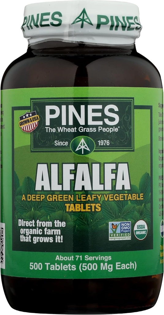 Pines Alfalfa Tablets, The Original Green Superfood, USDA Organic, Gluten Free & Non- GMO, 500mg Hver, 500 tabletter
