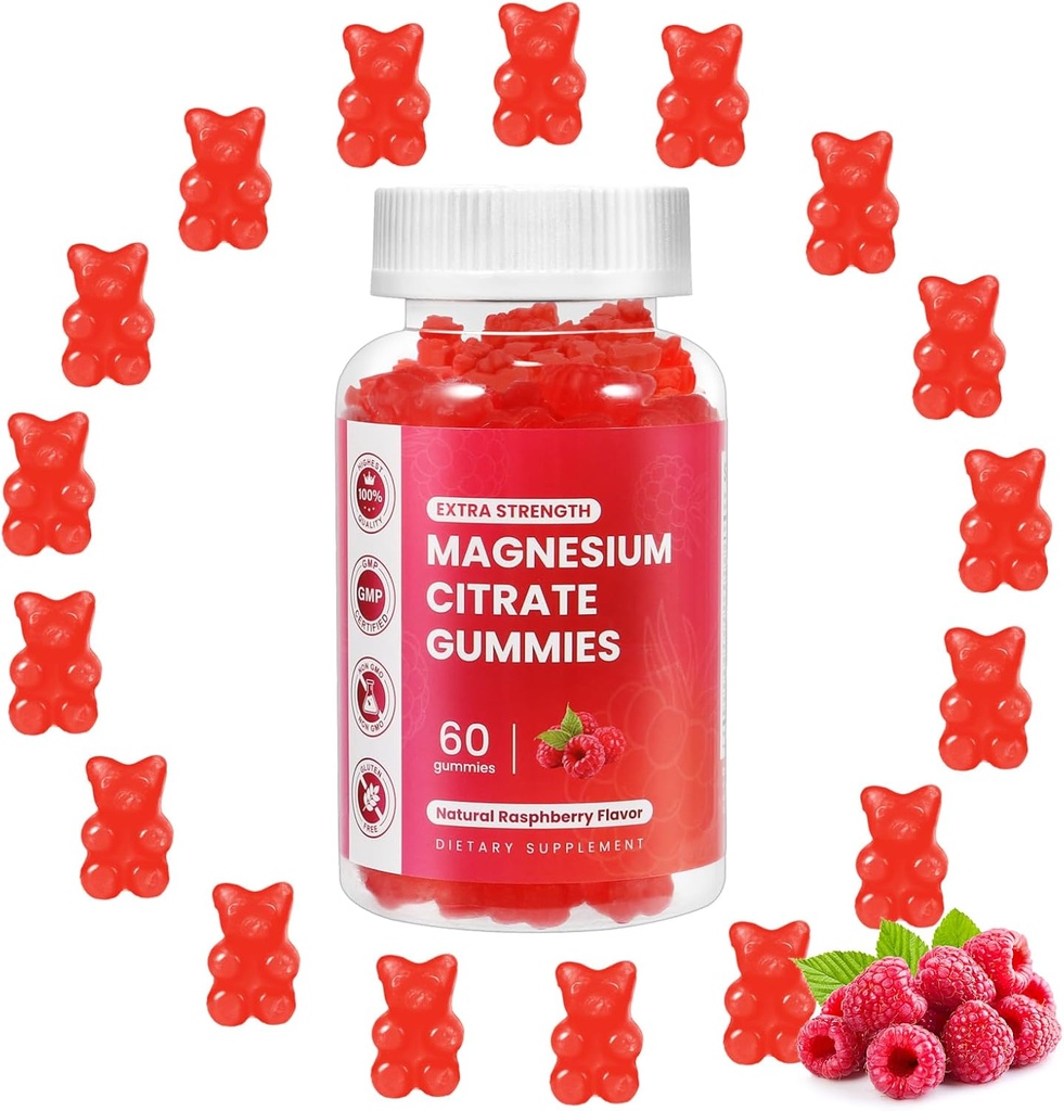 Magnesium Glycinat Gummies 400mg, Magnesium L- Threonat 200mg Gummie, Chelated Magnesium og Kalium Complex supplement til Support Memory, Mood and Sleep, (60 Magnesium Gummies, Raspberry Flavor)