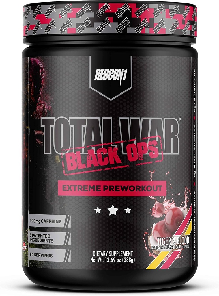 REDCON1 Total War Black Ops Extreme Preworkout Powder, Tigers Blood, High Stimulant, 400 mg Koffein, NO3- T Nitrater + L- Citrullin, Øge blodgennemstrømning, muskelpumper (20 Servere)