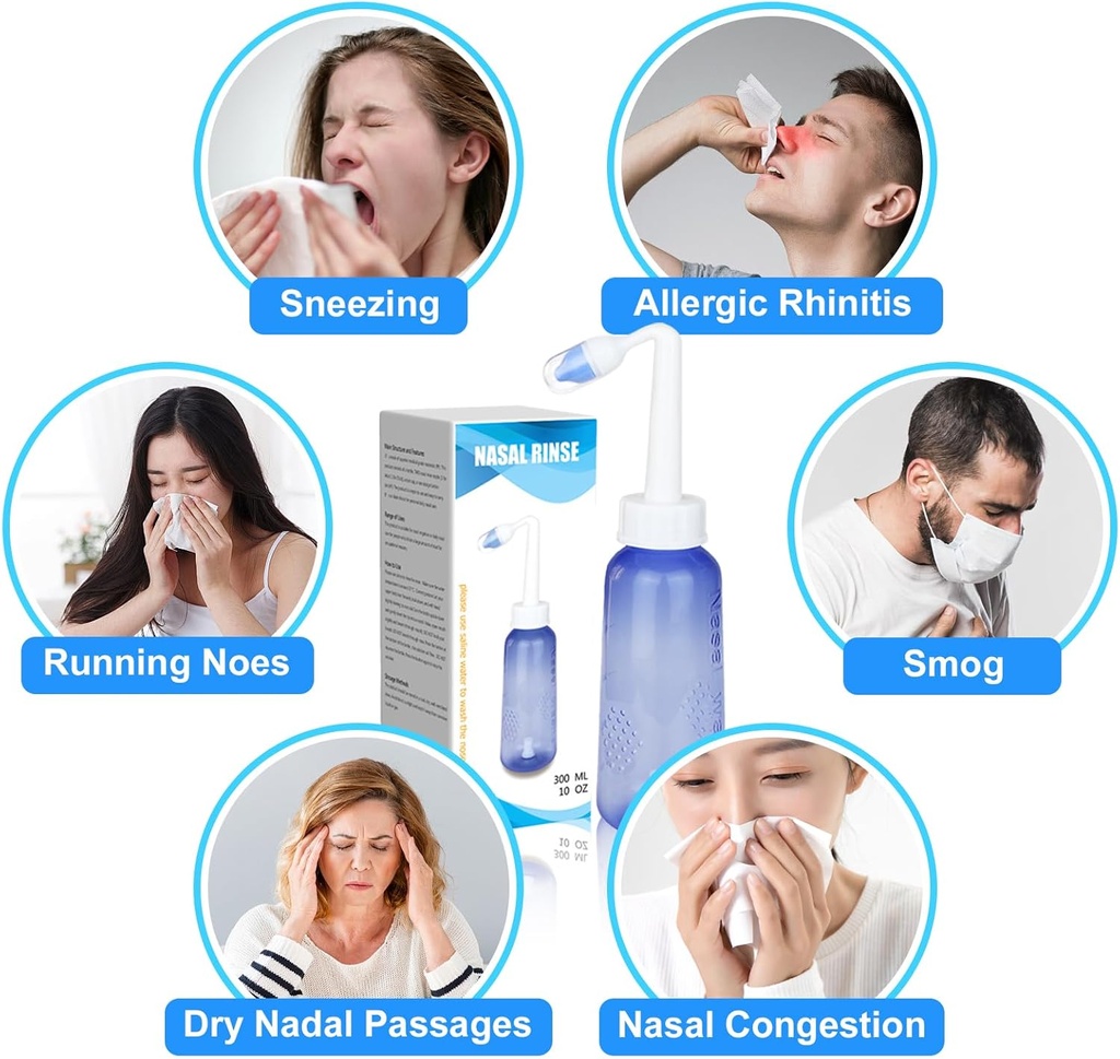 300 ML Nasal Rinse Neti Pot Sinus Rinse Flaske Rødme Nasal Vaske Flaske Næse Renere Komfortabel for voksne & Kid Effektiv tryk Irrigatio med 20 Nasal Vaske Salt Pakker BPA Gratis