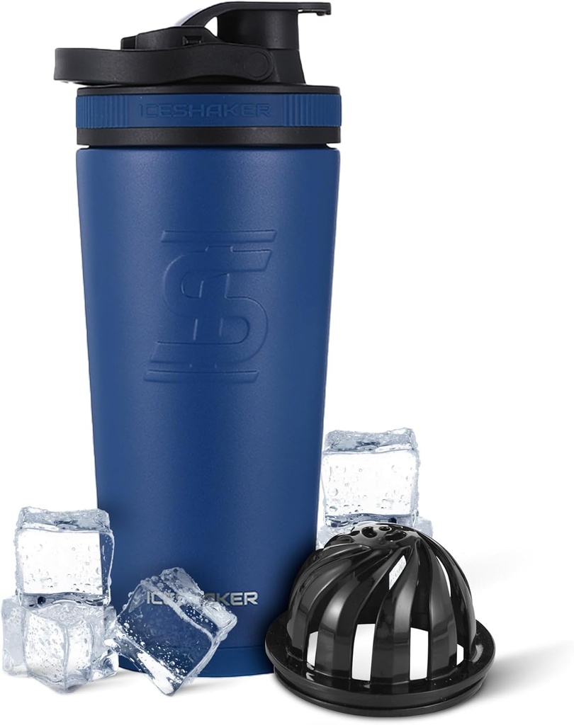 Ice Shaker Insulated Stainless Steel Shaker Bottle | 26oz, Navy | Cold for 30+ Hours | Insulated Cup with Twist-on Agitator | Odor-Free Bottle for Protein Shakes, Water, Smoothies, Cocktails