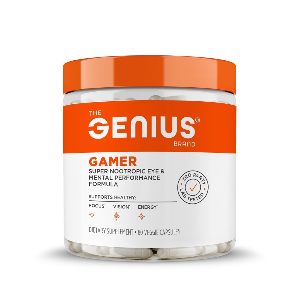 Genius Gamer, Gaming Focus Supplement, 80 piller - Elite Nootrop Performance Booster - Boost Brain & Mental Clarity, Reaction Time & Concentration - Blue Light Support med Lutemax