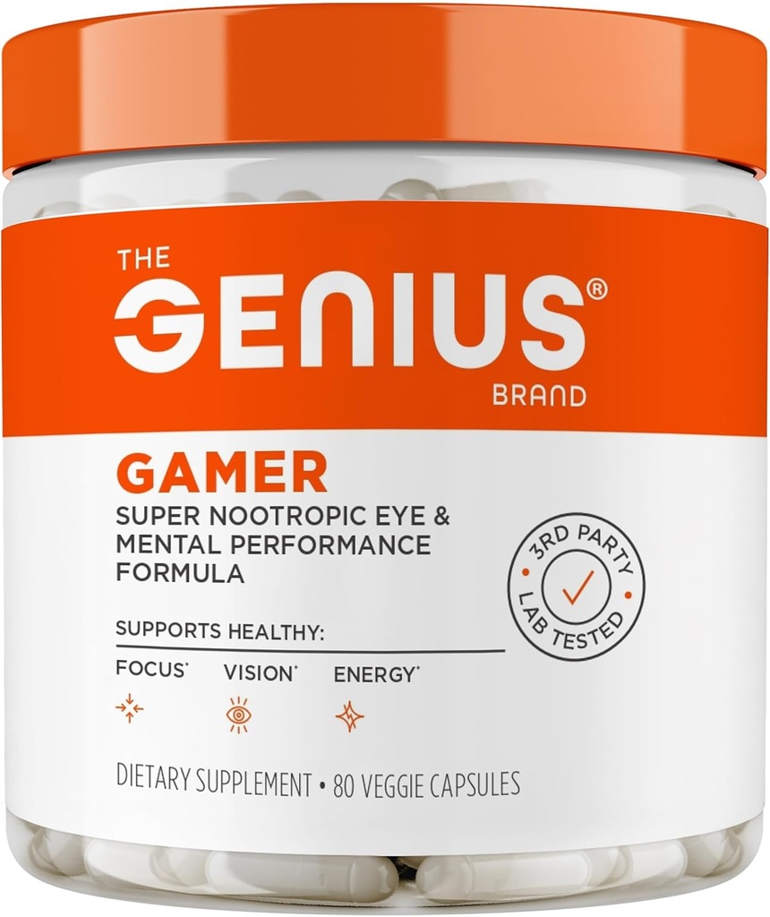 Genius Gamer, Gaming Focus Supplement, 80 piller - Elite Nootrop Performance Booster - Boost Brain & Mental Clarity, Reaction Time & Concentration - Blue Light Support med Lutemax