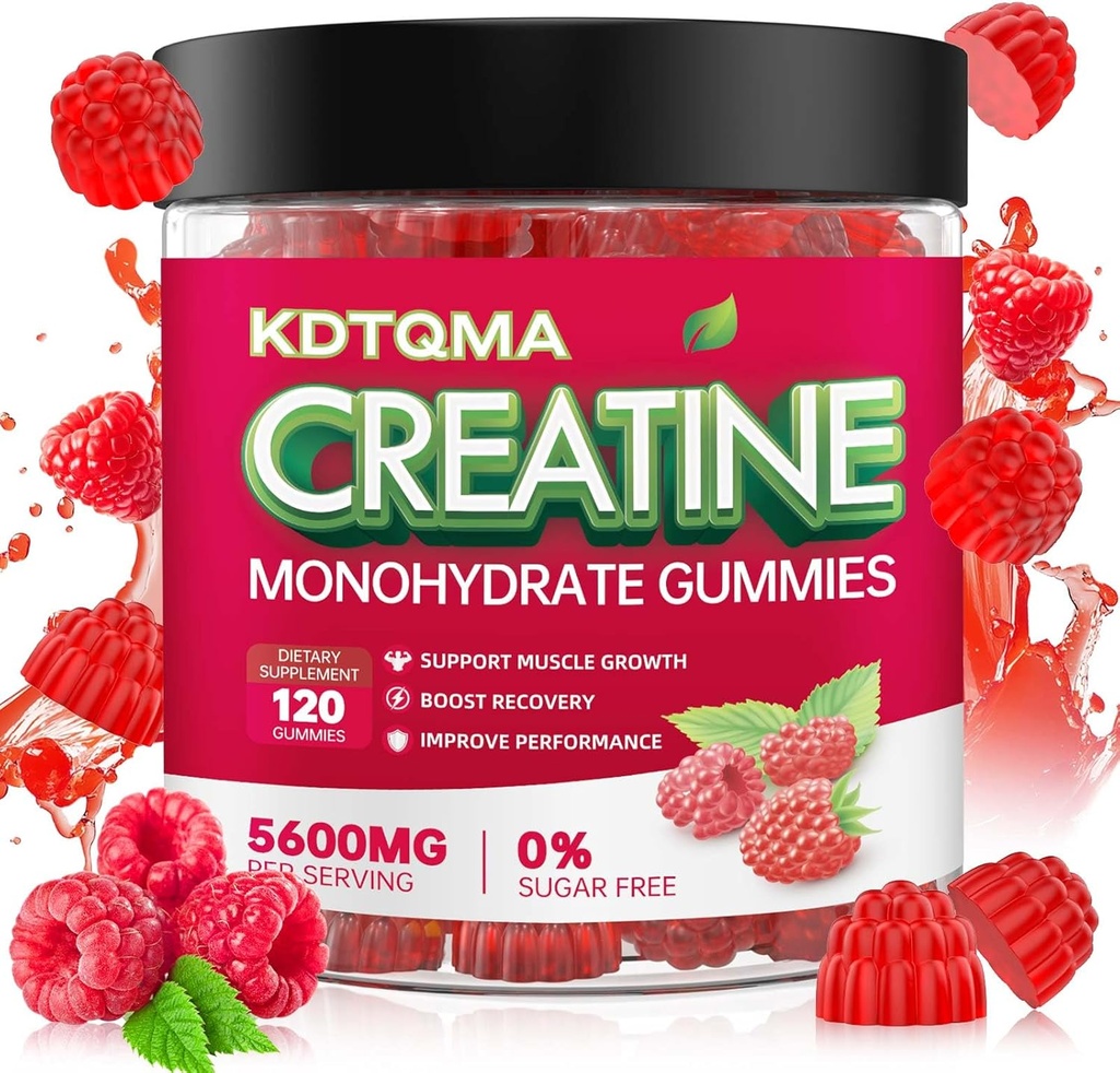 Creatin monohydrat Gummier for mænd og kvinder 120 CT - 5600mg af Creatin monohydrat per servering, Chewable Creatin monohydrat til muskelstøtte & energi Boost, Sukker fri, Vegan (Raspberry Flavor)