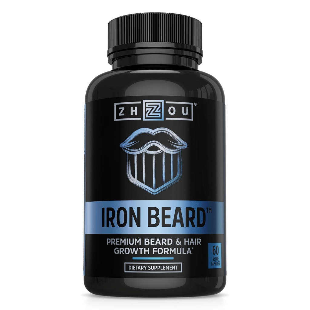 Zhou Iron Beard - Beard Growth Vitamin Mænd, Premium Biotin, Saw Palmetto & B Vitamin piller til støtte for ansigtshår, skæg pleje supplement til fuld skæg - 60 Veggie kapsler